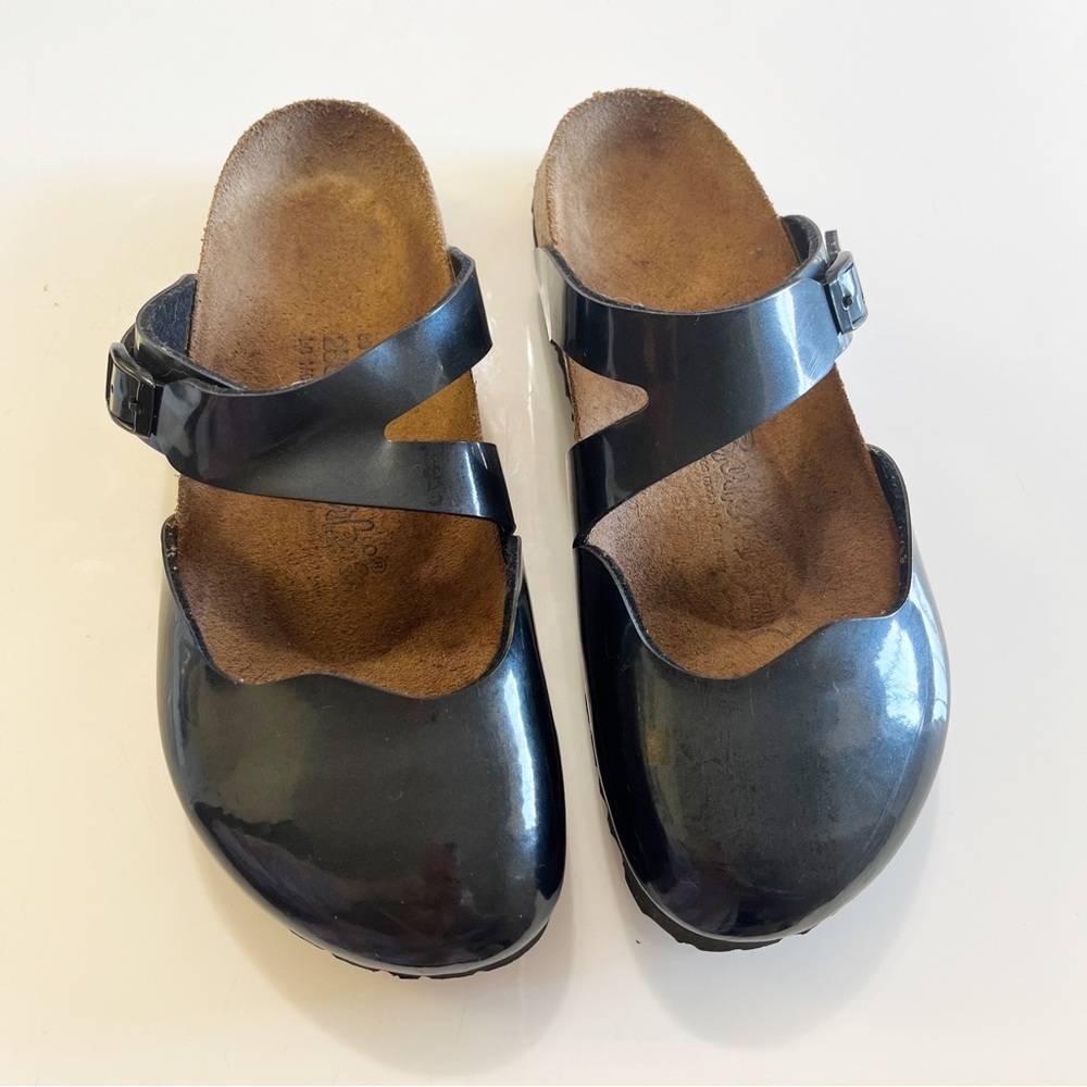 Birkenstock birkies black patent faux leather Maria slip on sandal